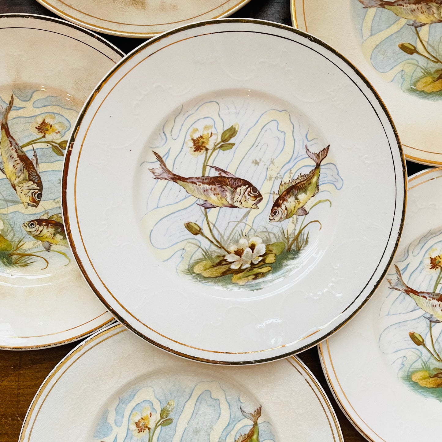 Minnows & Lotus Gold Leaf Rim Plates- Vintage