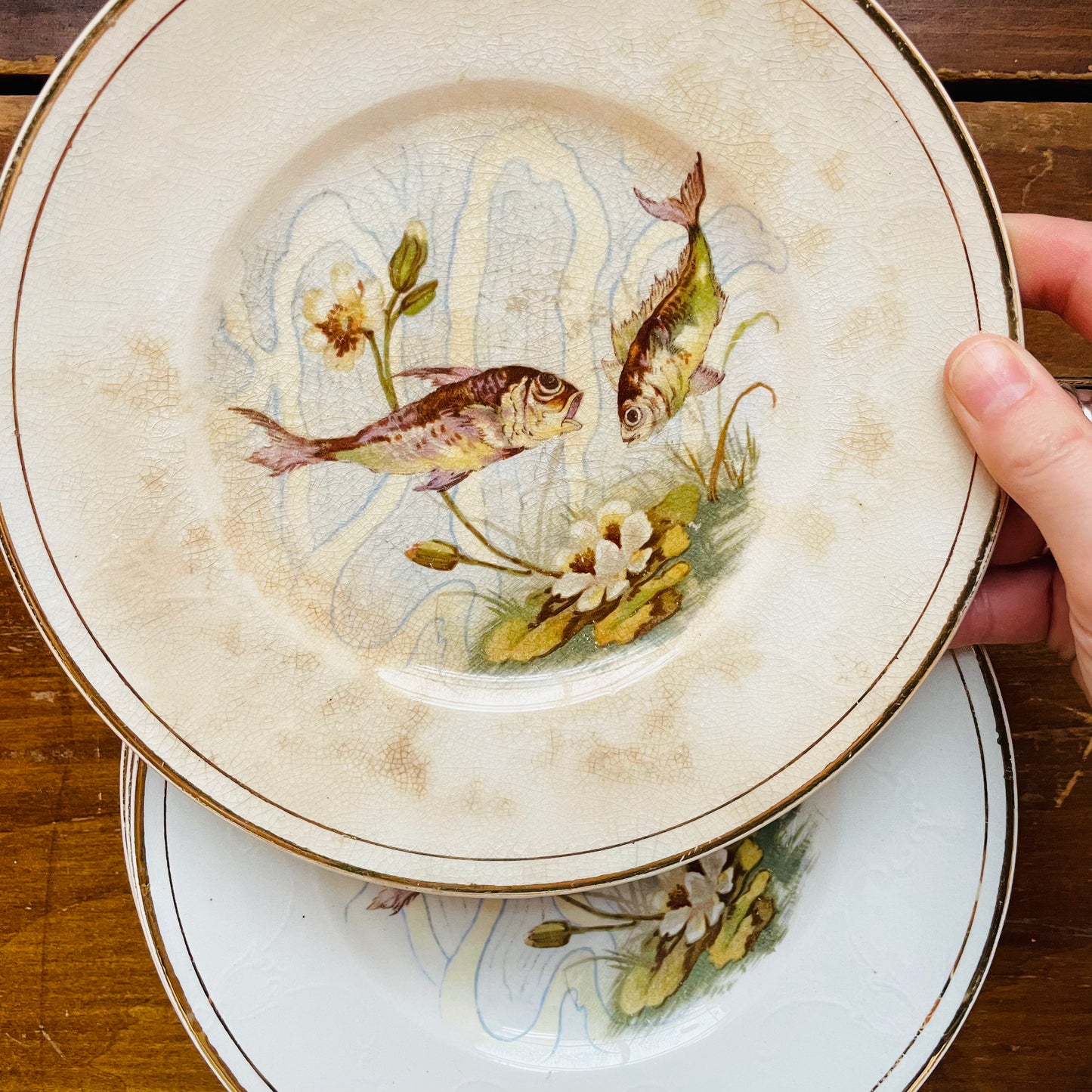 Minnows & Lotus Gold Leaf Rim Plates- Vintage