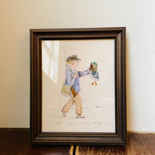 Framed Watercolor Sketch of a Duck Hunter