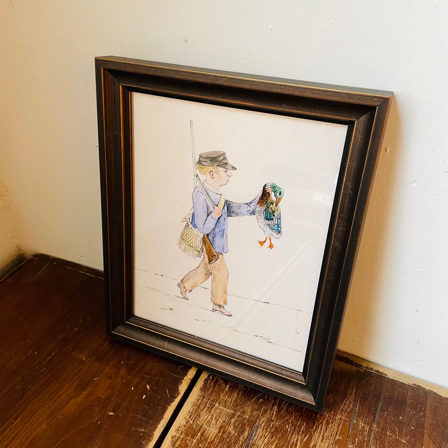 Framed Watercolor Sketch of a Duck Hunter