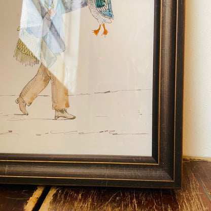 Framed Watercolor Sketch of a Duck Hunter