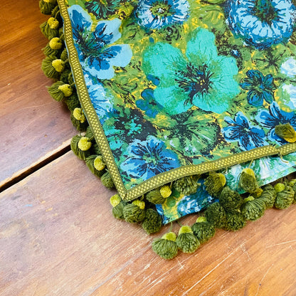 Green Floral Tablecloth with Green PomPoms- Vintage