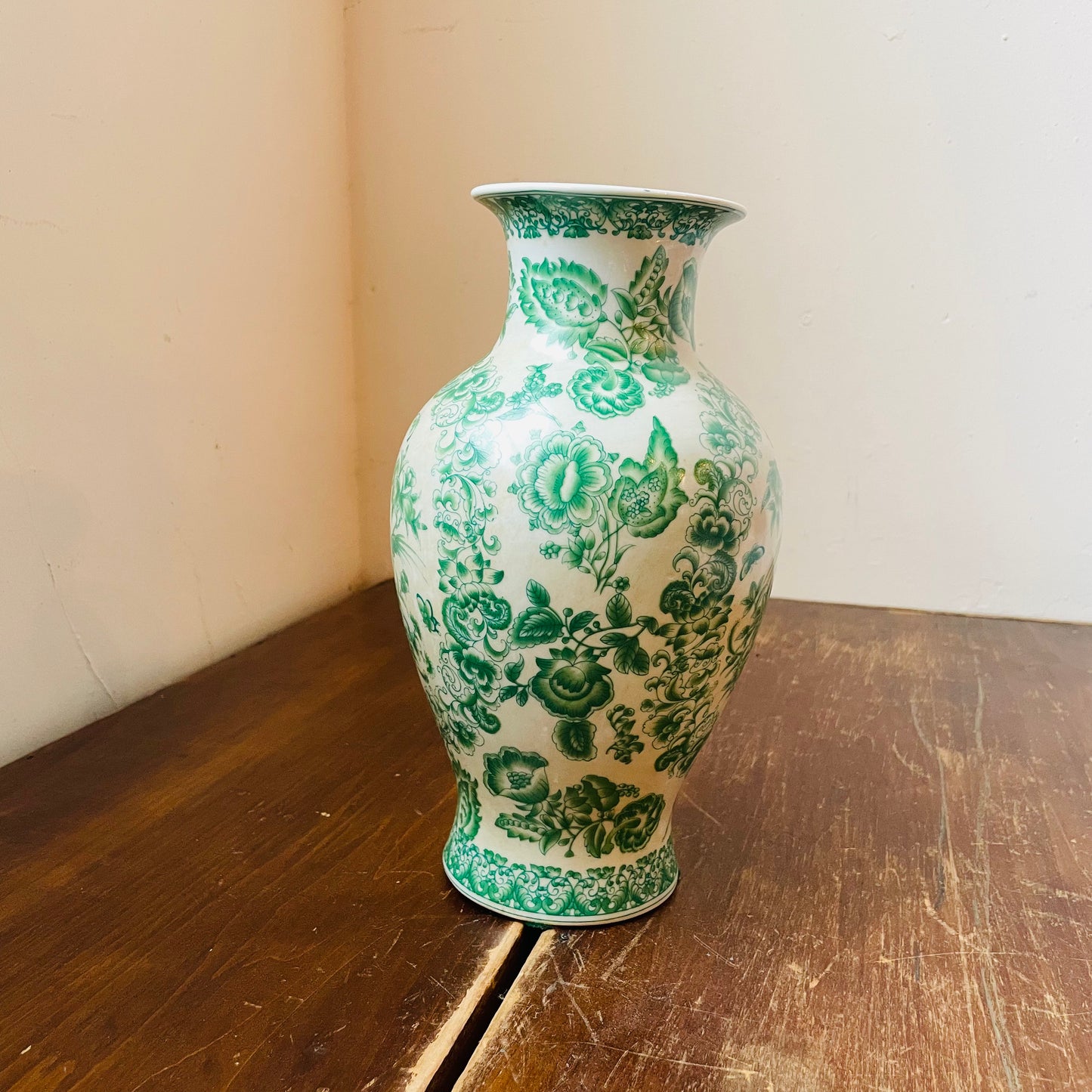 Green & White Chinoiserie Vase- Vintage