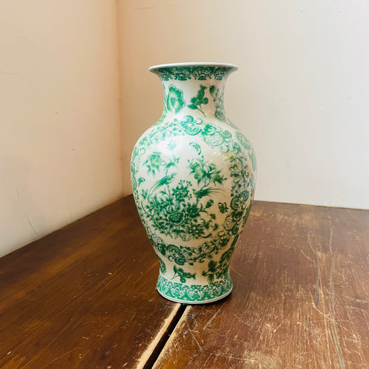 Green & White Chinoiserie Vase- Vintage