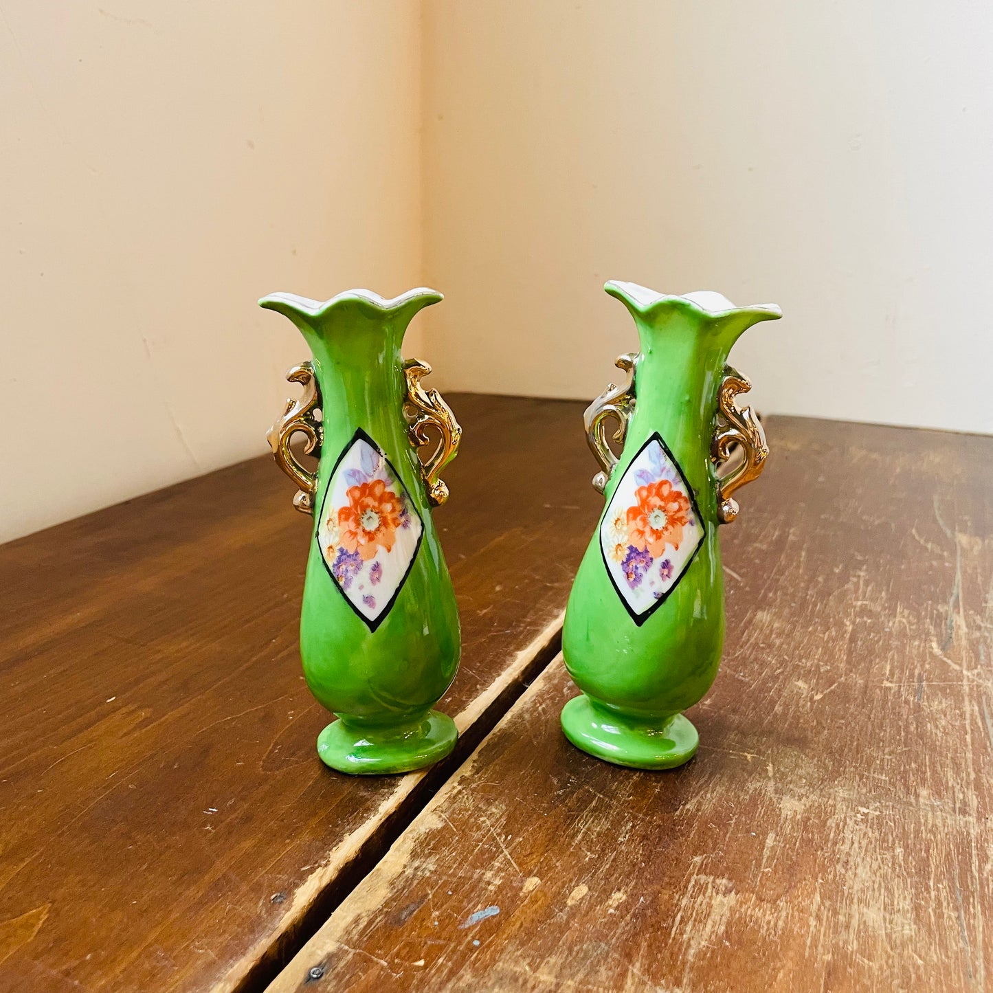 Embellished Green Golden Handled Bud Vases- Set of 2- Vintage