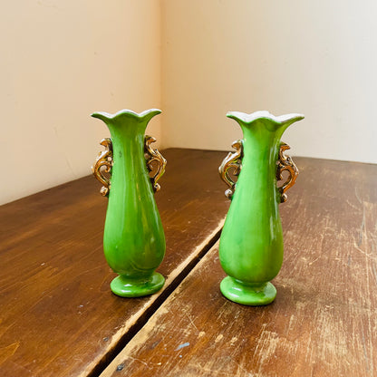 Embellished Green Golden Handled Bud Vases- Set of 2- Vintage