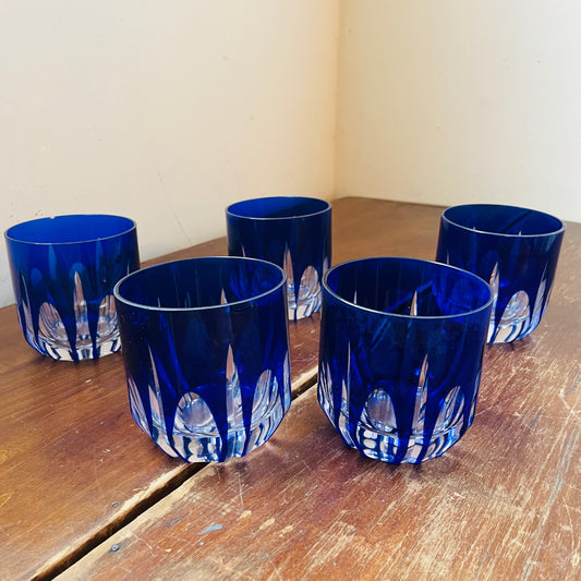 Cut Glass Cobalt Low Ball Glasses- Set of 5- Vintage