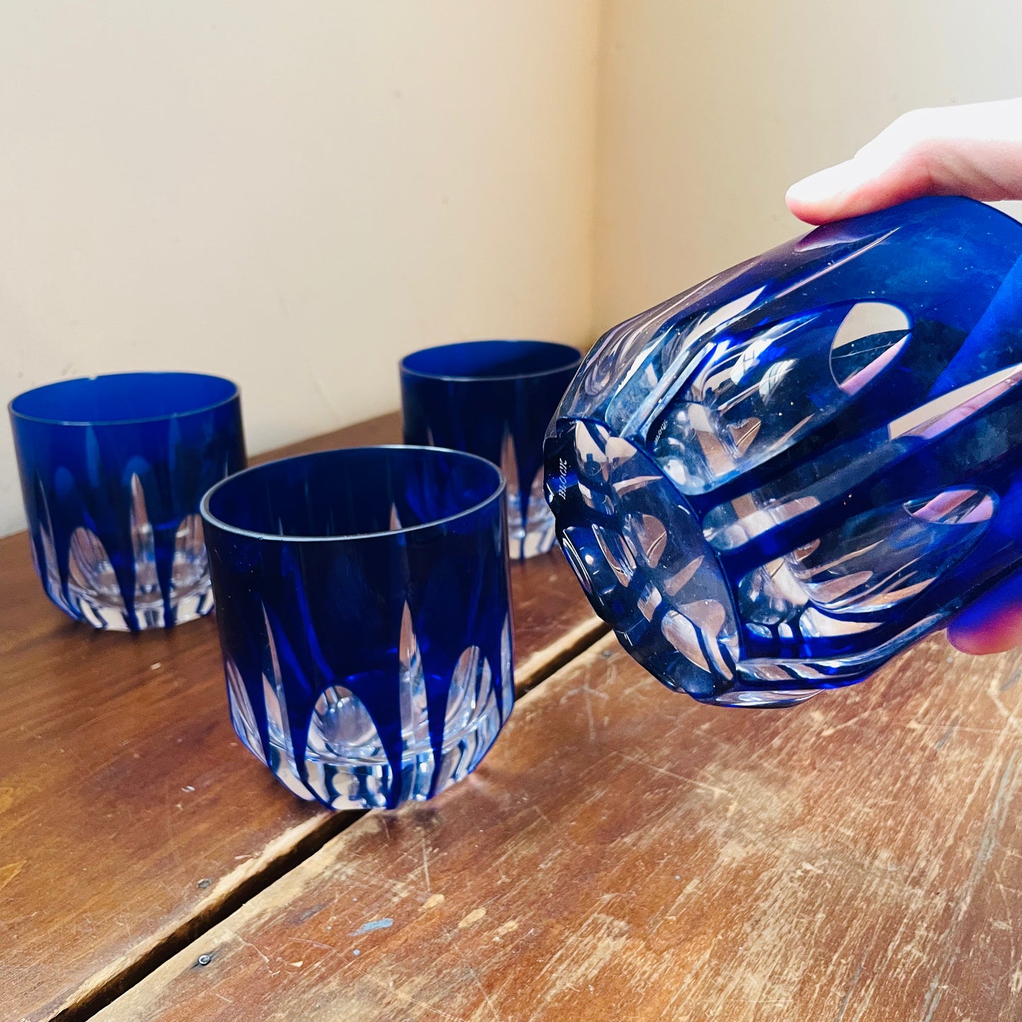 Cut Glass Cobalt Low Ball Glasses- Set of 5- Vintage