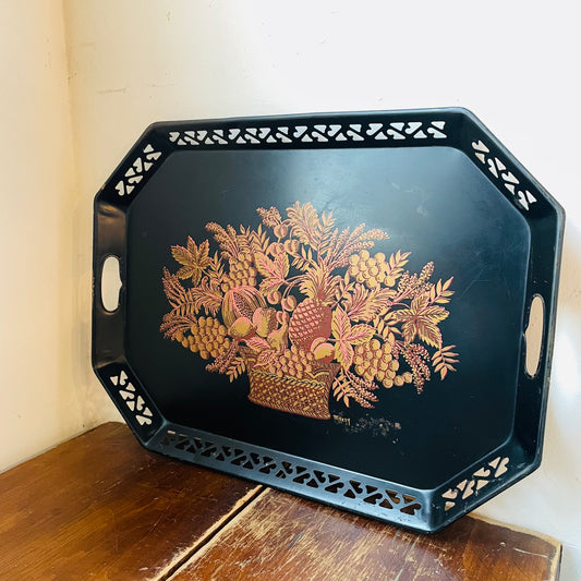 Black Painted Metal Serving Tray- Vintage