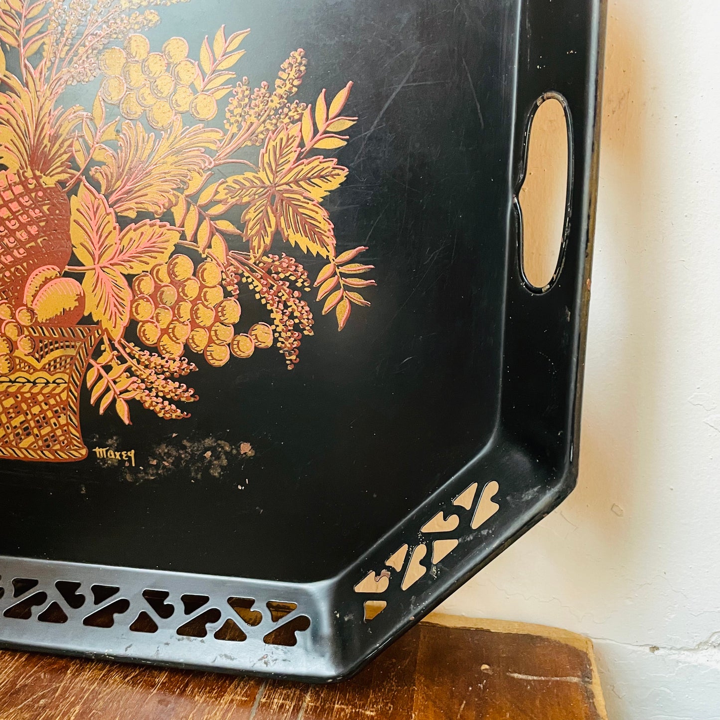 Black Painted Metal Serving Tray- Vintage