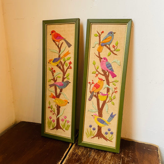 Framed Embroidered Birds on Boards- Vintage