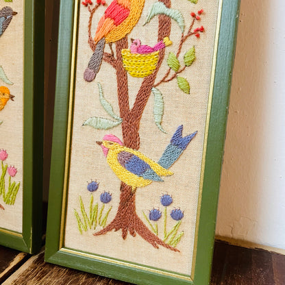 Framed Embroidered Birds on Boards- Vintage