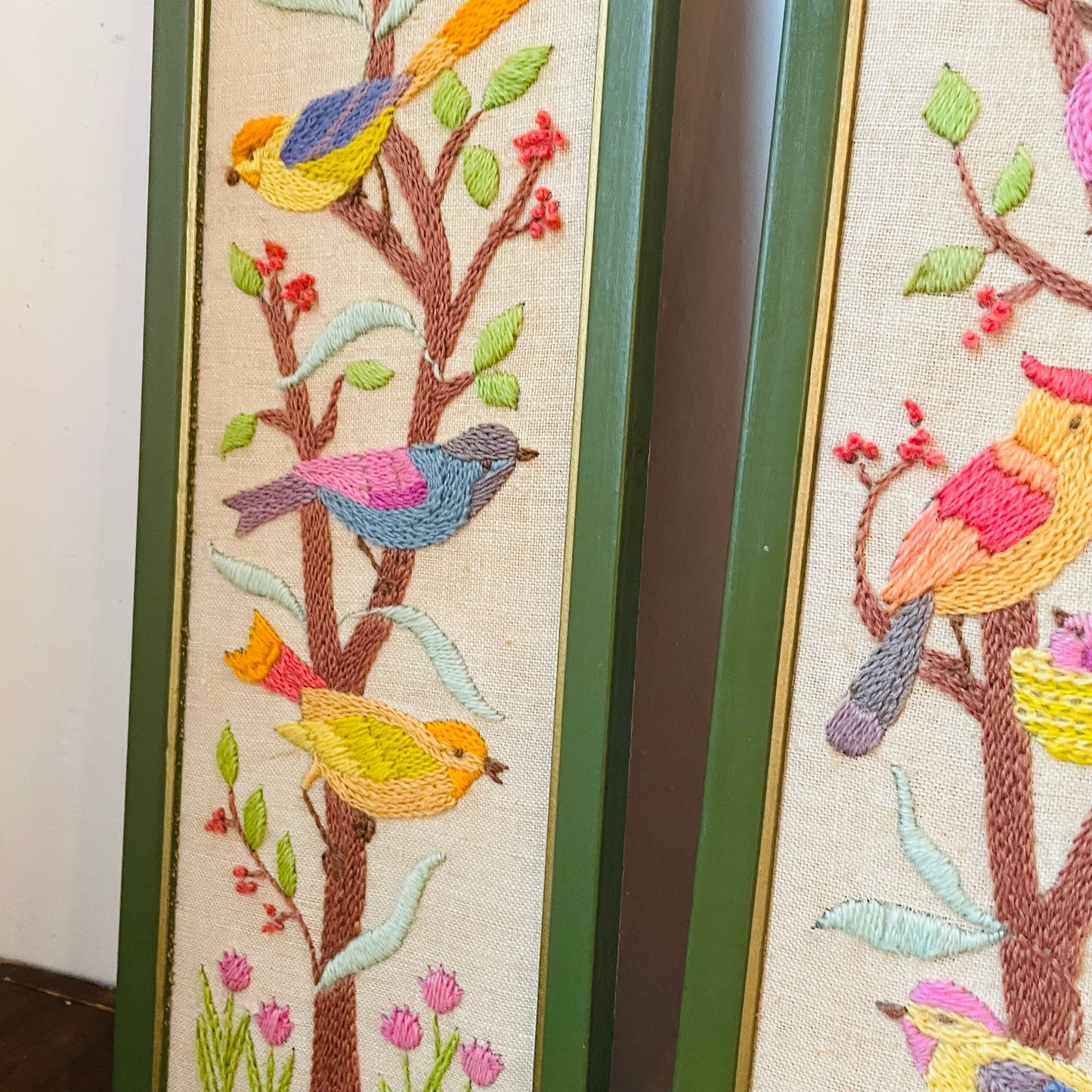 Framed Embroidered Birds on Boards- Vintage