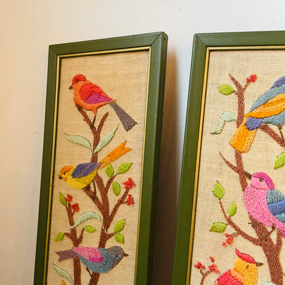 Framed Embroidered Birds on Boards- Vintage