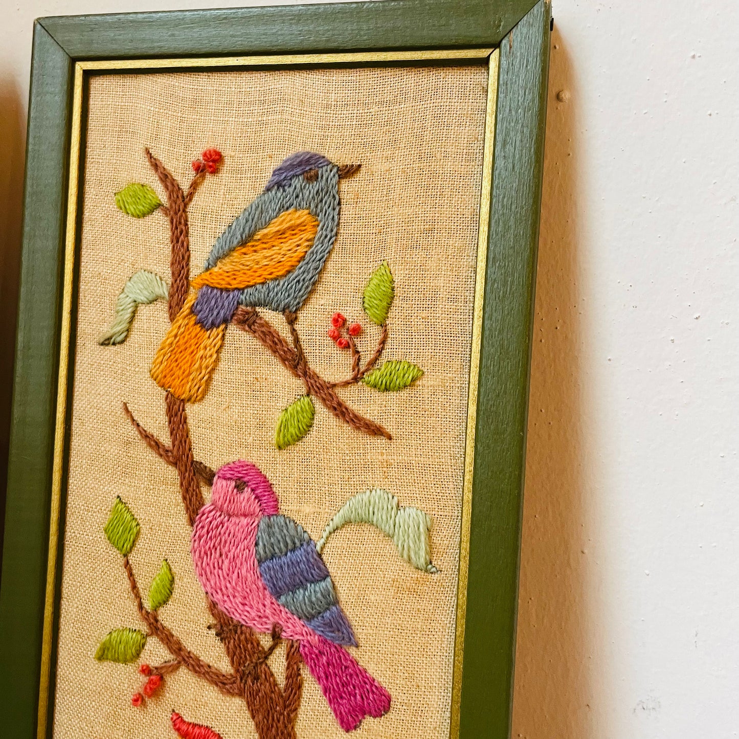 Framed Embroidered Birds on Boards- Vintage