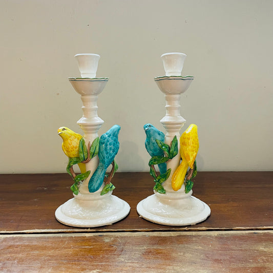 1960's Italian Majolica Parrot Candle Holders- Vintage