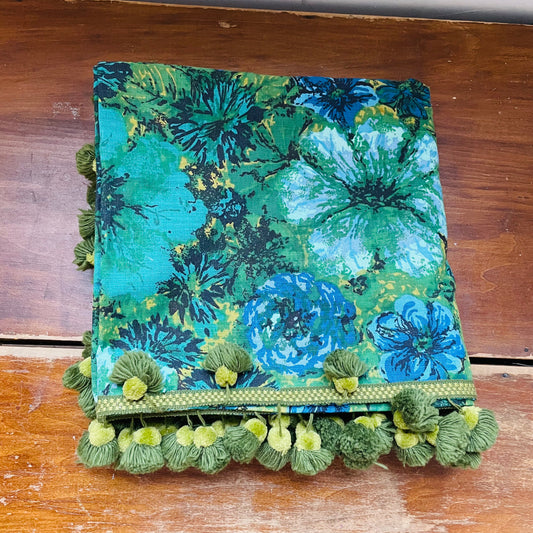 Green Floral Tablecloth with Green PomPoms- Vintage