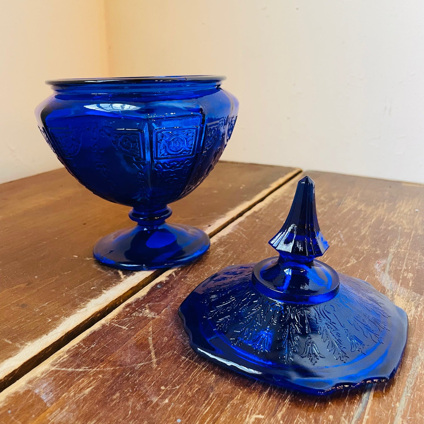 Anchor Hocking Princess Pattern Cobalt Candy Jar- Vintage