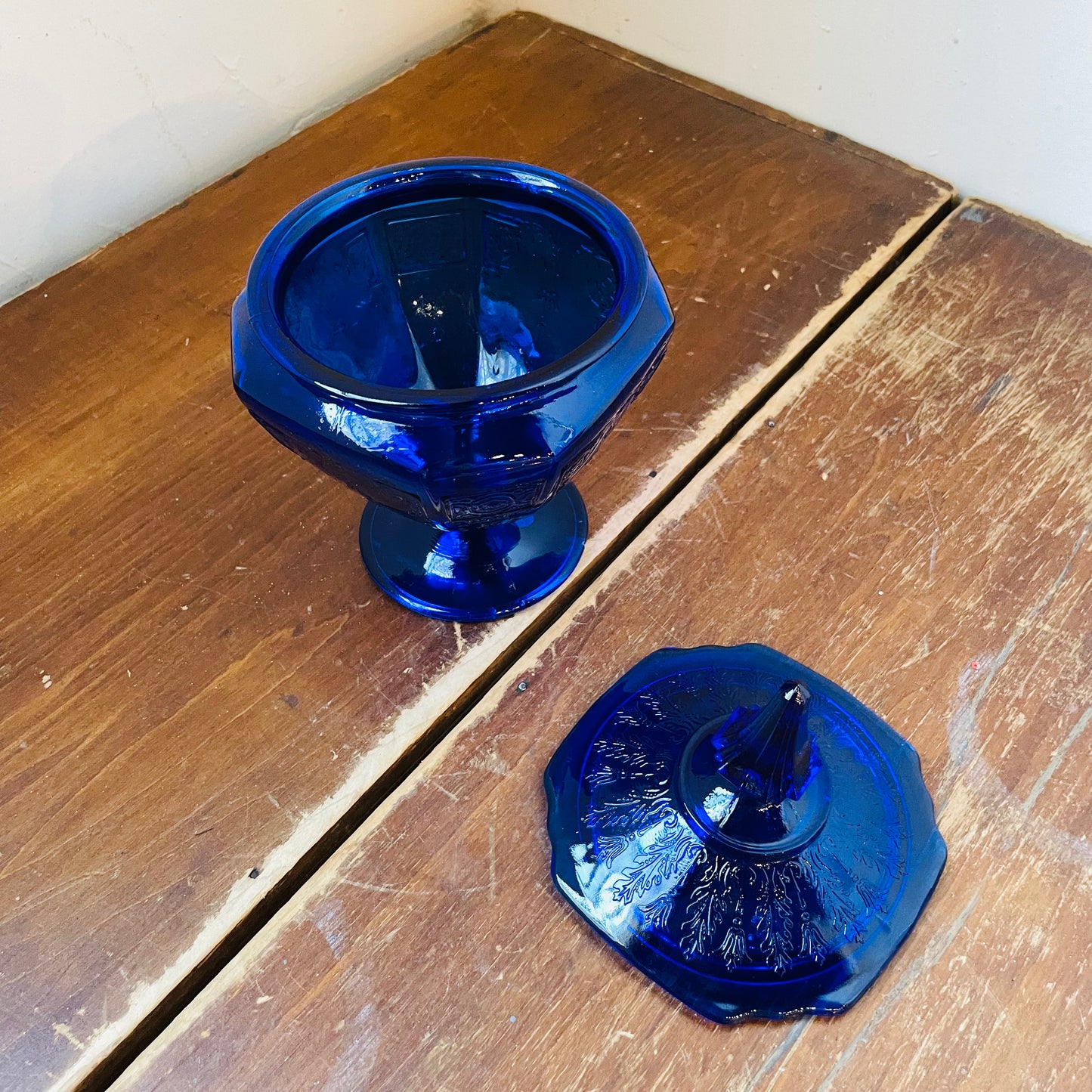 Anchor Hocking Princess Pattern Cobalt Candy Jar- Vintage