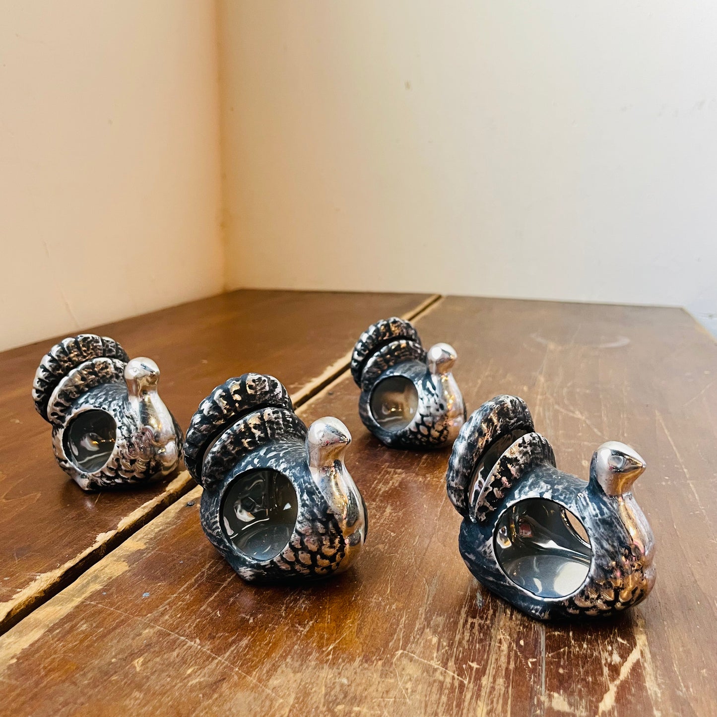 Pewter Turkey Napkin Ring & Card Holder Set of 4- Vintage
