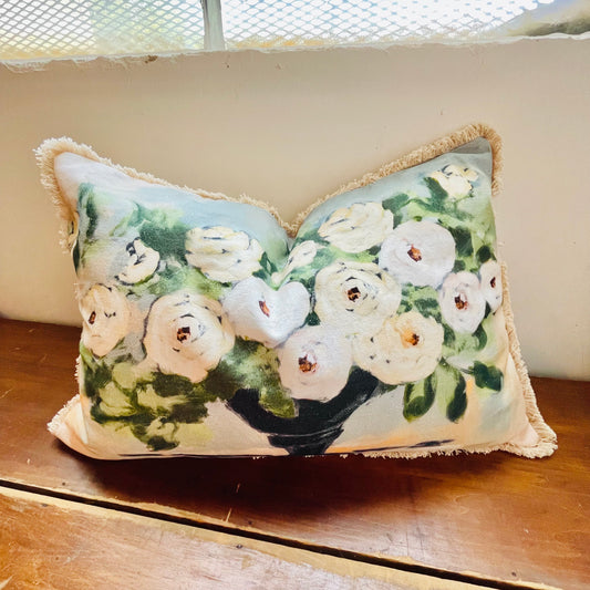 Lumbar Pillow w/ Flowers and Eyelash Fringe