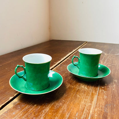 Chinese Green Glazed Porcelain Teacups & Saucers- Vintage