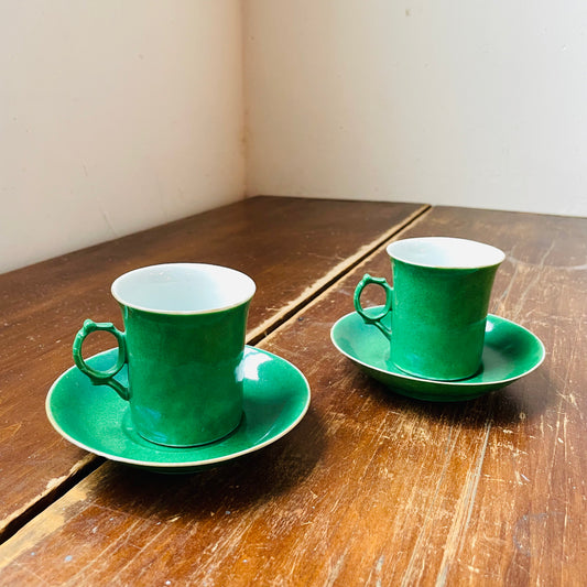 Chinese Green Glazed Porcelain Teacups & Saucers- Vintage