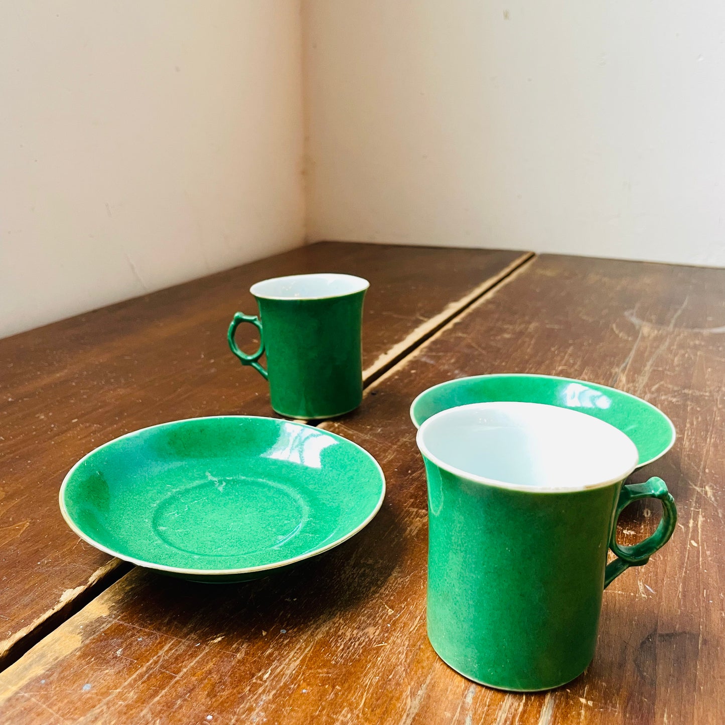 Chinese Green Glazed Porcelain Teacups & Saucers- Vintage