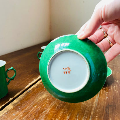 Chinese Green Glazed Porcelain Teacups & Saucers- Vintage
