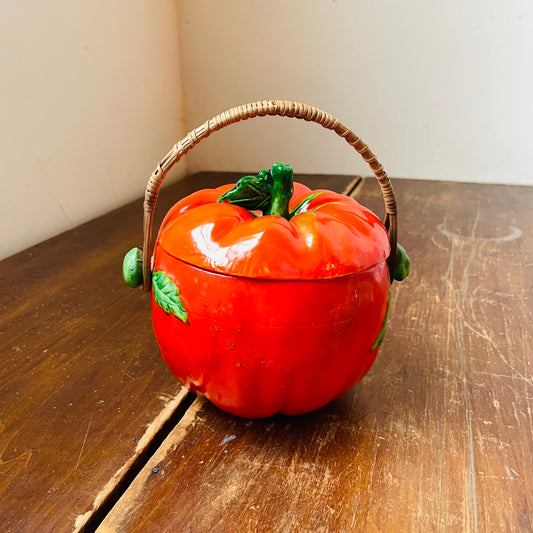 Maruhon Ware Ceramic Tomato Lidded Dish with Wicker Handle- Vintage