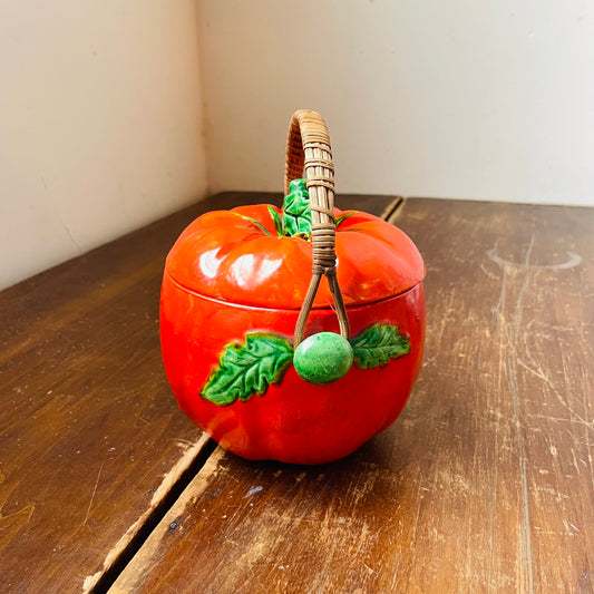 Maruhon Ware Ceramic Tomato Lidded Dish with Wicker Handle- Vintage