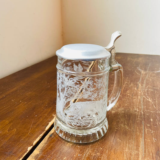 Hog & Duck Cut Glass & Pewter Beer Stein- Vintage