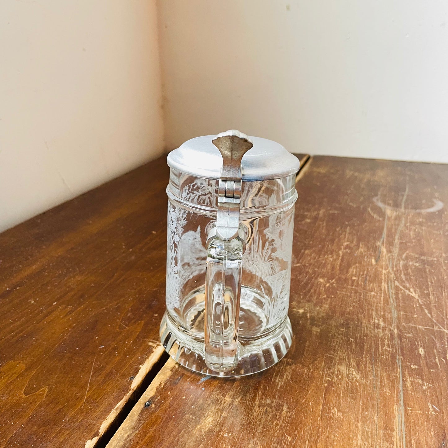 Hog & Duck Cut Glass & Pewter Beer Stein- Vintage