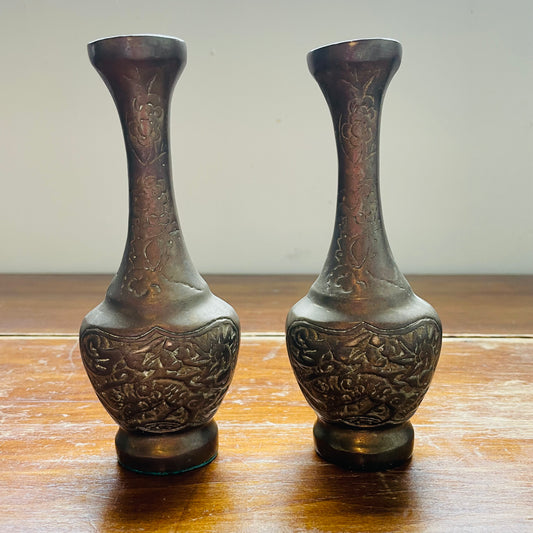 Dragon Motif Brass Vases- Set of 2- Vintage