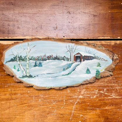 Winter Bridge Painted on Wood Slab- Vintage
