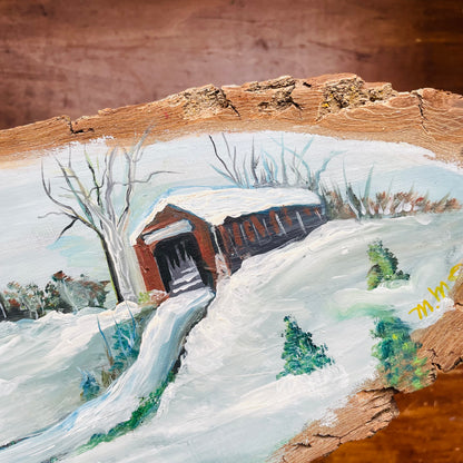 Winter Bridge Painted on Wood Slab- Vintage