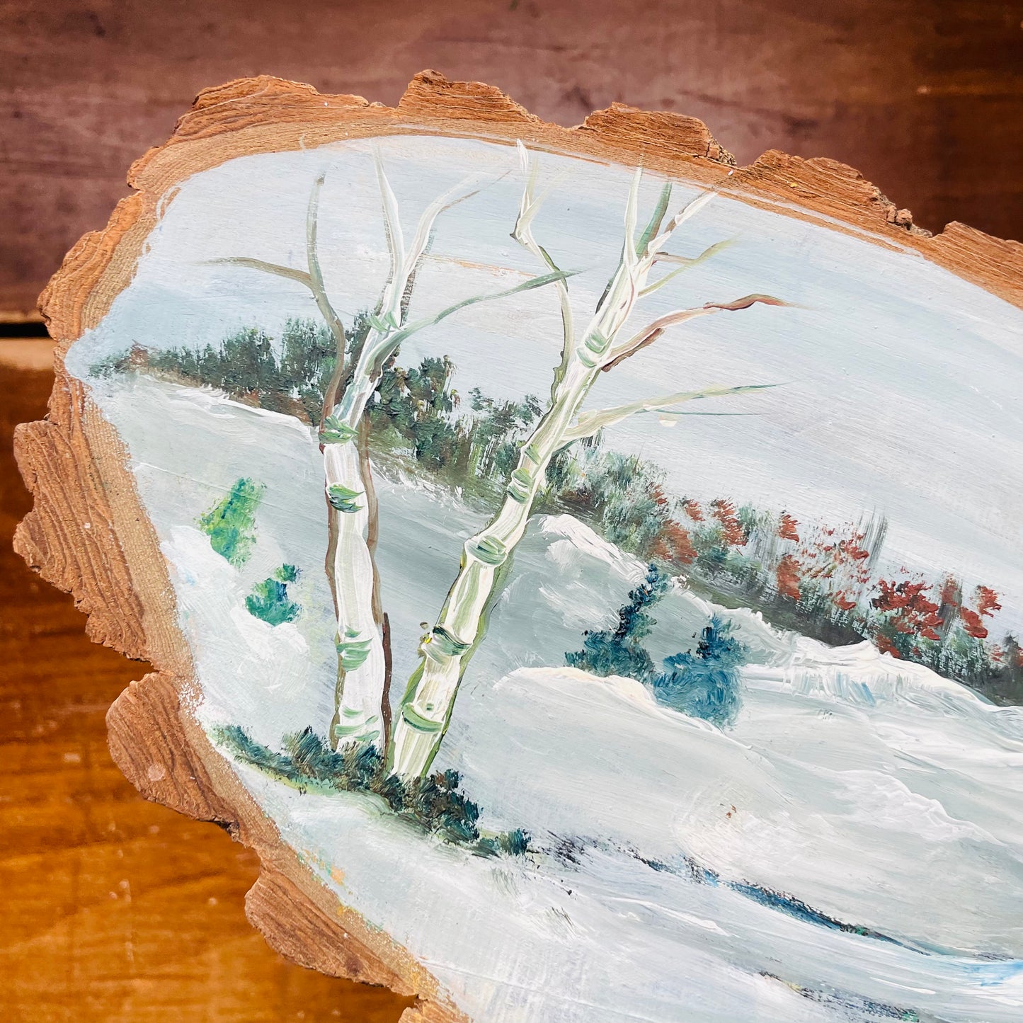Winter Bridge Painted on Wood Slab- Vintage