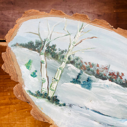 Winter Bridge Painted on Wood Slab- Vintage