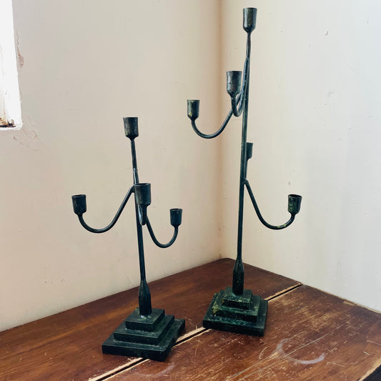 Set of 2 Forged-Iron Green Patina Taper Candelabras