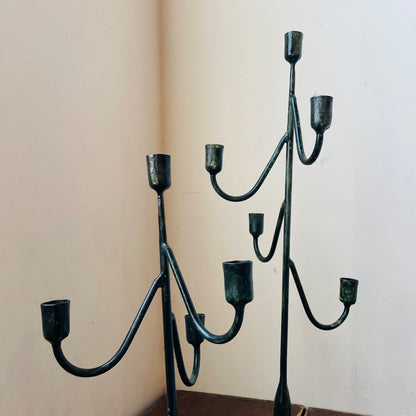 Set of 2 Forged-Iron Green Patina Taper Candelabras