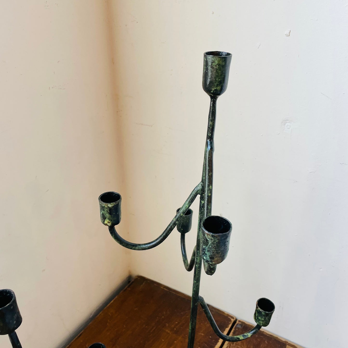 Set of 2 Forged-Iron Green Patina Taper Candelabras