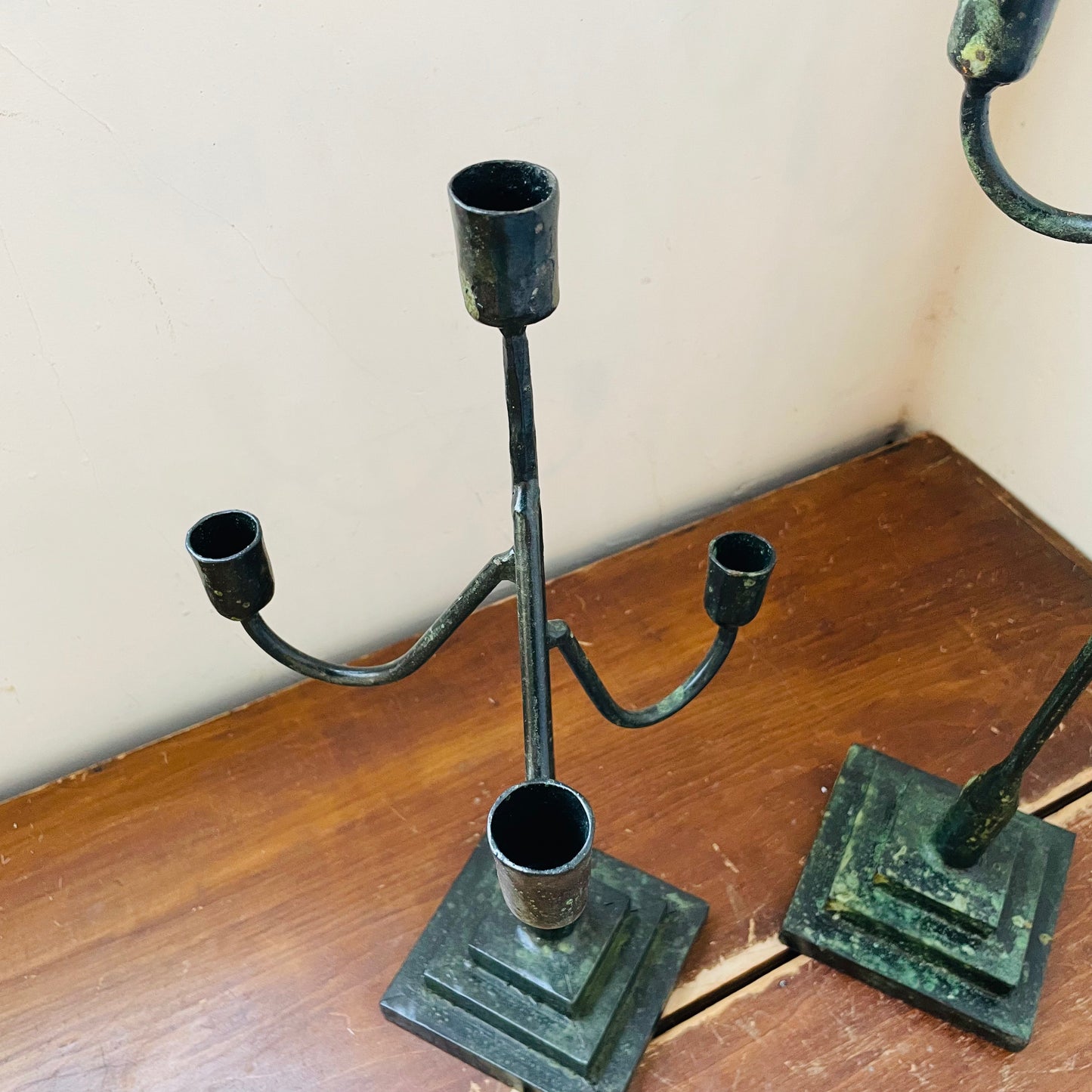 Set of 2 Forged-Iron Green Patina Taper Candelabras