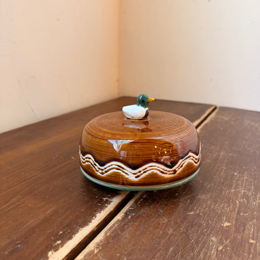 Hand-Painted Stoneware Butter Dish with Lid & Duck Finial