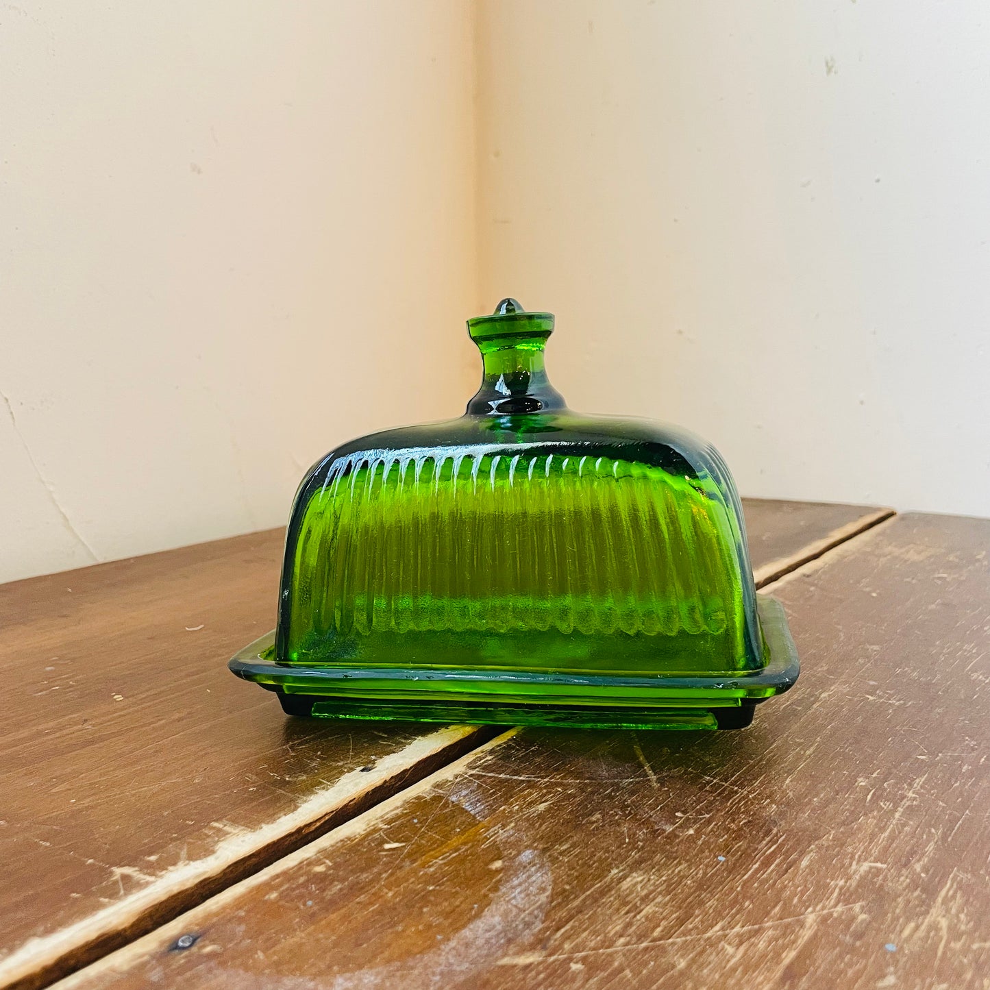 Green Ribbed Press Glass Butter Dish