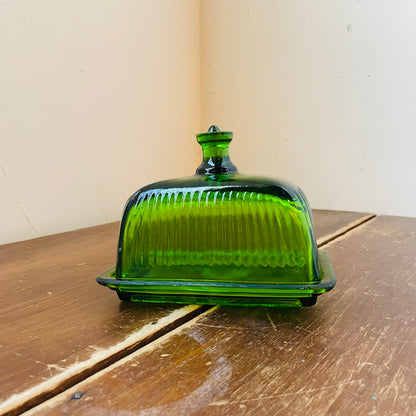 Green Ribbed Press Glass Butter Dish