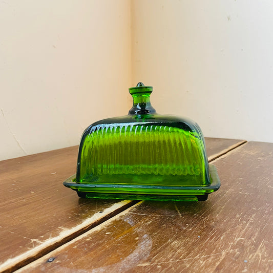 Green Ribbed Press Glass Butter Dish