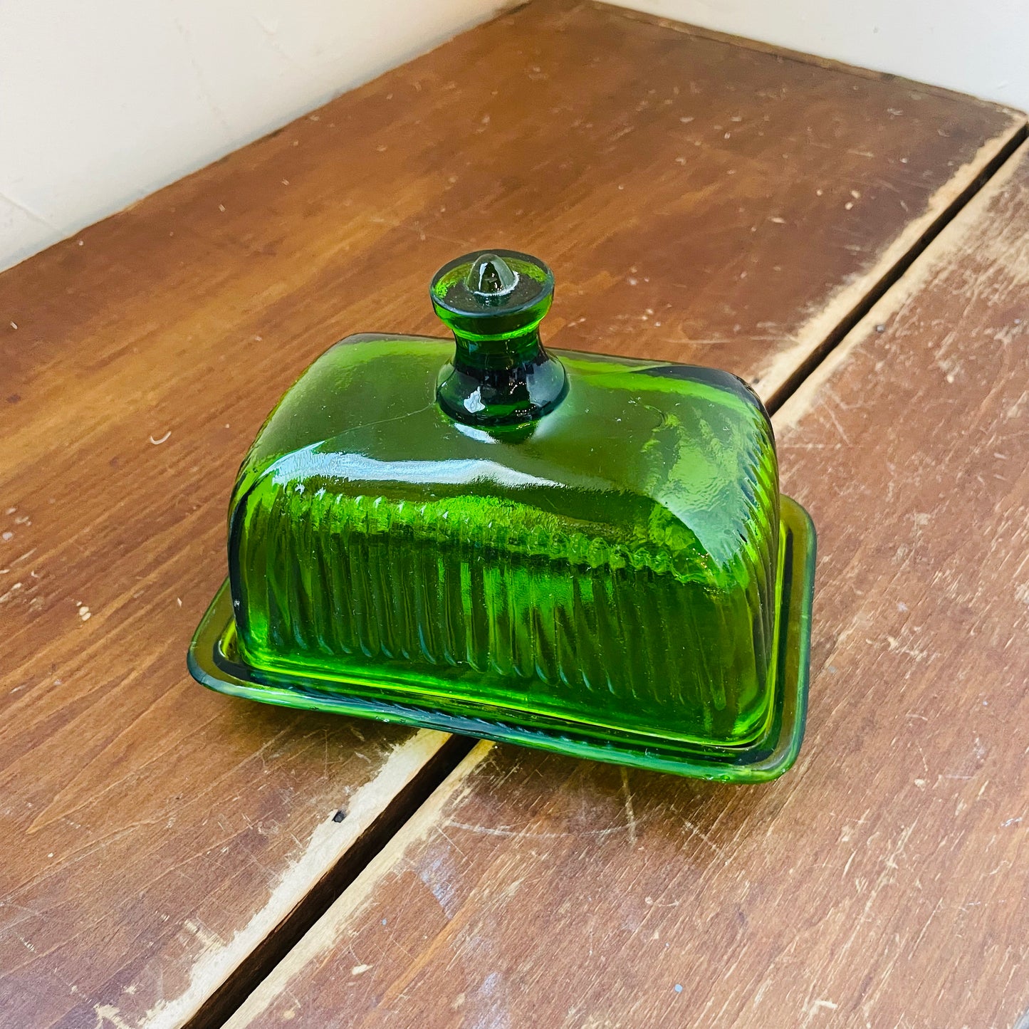 Green Ribbed Press Glass Butter Dish
