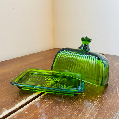 Green Ribbed Press Glass Butter Dish