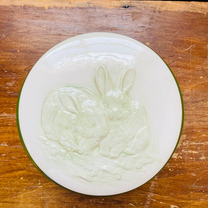 Green Ceramic Lidded Bowl with Embossed Bunnies- Vintage