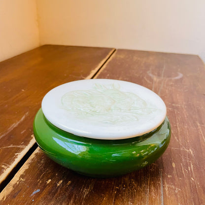 Green Ceramic Lidded Bowl with Embossed Bunnies- Vintage